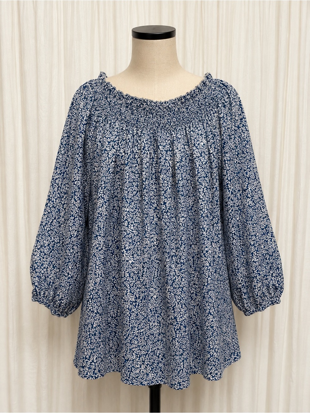 Blue Floral Smocked Neck Women's Top